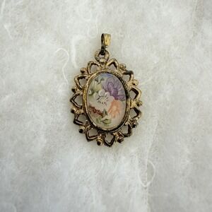 Victorian Revival Style Whiting & Davis Pendant Floral Cameo Gold Tone Vintage